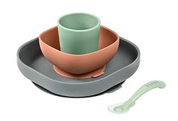 Béaba Silicone Baby Meal Set with Suction Cup, Non-Slip, 4 Pieces, Plate + Bowl + Glass + Spoon, Healthy and Durable Silicone, Dishwasher, Microwave, Mineral