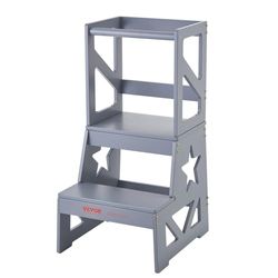 VEVOR Kruk voor kinderen, max. belasting 68 kg, leerladder van hout met veiligheidsleuning, trapladtoren, 864 x 389 x 486 mm, voor kinderkamer, keuken, badkamer, woonkamer, voor kinderen, grijs