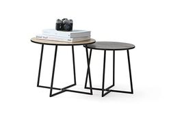 LIFA LIVING Moderne Bijzettafels, Set van 2, Zwarte en Beige Salontafels, Hout en Metalen Koffietafels, Ronde Bijzettafels voor Woonkamer, Slaapkamer, Keuken