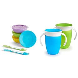 Munchkin Food Storage Container 4 x baby bowls with Lids + 2 weaning Spoons & Miracle 360 Sippy Cup, Ideal Sippy, Water and Weaning Cup 6+ to 12 Months, 7 oz/207 ml, 2 Pack, Green & Blue