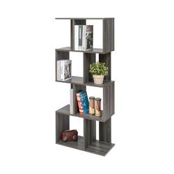 Iris Ohyama, Decoratieve boekenkast met 4 legplanken/boekenkast in S-vorm, Ontwerp, Modulare, kantoor, kamer, bibliotheek - Display Shelf - SRK-W4 - Grijs Eiken