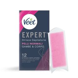 Veet Expert Strisce Depilatorie Gambe e Corpo, Ceretta per Pelli Normali con Burro di Karitè, Dermatologicamente Testate, 12 Strisce (6x2 Strisce) + 2 Salviette Post-Epilazione con Olio D'Argan