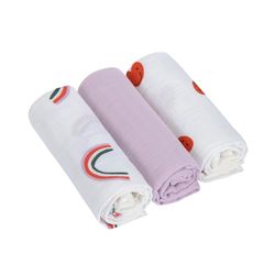 LÄSSIG Coperta Puck per neonati Panno di garza Set di 3 pezzi in cotone 60 x 60 cm/Swaddle & Burp Blanket M Happy Rascals lavender