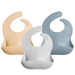 GODR7OY Bibs Baby Bibs, Soft and Foldable Weaning Bibs, Light Adjustable Bib with Wide Food Crumb Catcher Pocket, 3PCS Silicone Bibs for Babies, Natural & Gray