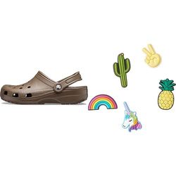 Crocs Classic, Zoccoli Unisex - Adulto, Marrone (Chocolate), 46/47 EU + Shoe Charm 5-Pack, Decorazione di Scarpe, Fun Trend