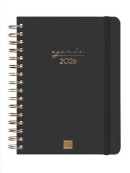 Finocam Spiraalkalender 2026, 1 dag per pagina, januari - december (12 maanden), jaarplanner 2026, met elastiek, dubbele spiraalbinding, hardcover, spiraalbinding, zwart, Catalaans