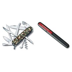 Victorinox, Huntsman, coltellino svizzero (15 funzioni, forbici, seghetto per legno, cavatappi) mimetico & affilatrice doppia, legno, nero/rosso, misura unica