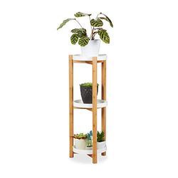 Relaxdays Suporte para plantas de interior 3 níveis, bambu - DM, castanho-branco, 79 x 30 cm