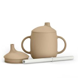 Suavinex, Tasse d'Apprentissage Bébé 3 en 1: Gobelet avec Bec + Paille + Tasse, Anti-Fuite, en Silicone, avec Poignées, Compatible Lave-Vaisselle et Micro-Ondes, Tasse pour Bébés +6 Mois, Beige