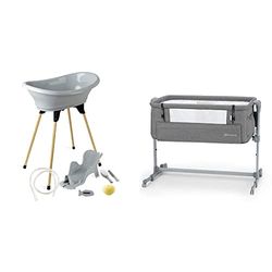 THERMOBABY - Pack Bain Bébé Vasco 7 en 1 Gris & Kinderkraft NESTE UP Lit bébé cododo, Lit bebe avec matelas de la naissance, Réglage de la hauteur, Sac de Transport inclus