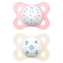 MAM Chupeta, 2-6 meses, com étina simétrica, plana e flexível de silicone Skin Soft Silicone de fácil aceitação, com caixa auto-esterilizadora, MAM original, rosa brilhante, pack de 2 unidades, dia