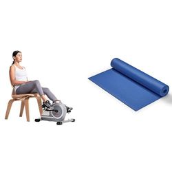 Sunny Health & Fitness Magnetic Under Desk Mini Exercise Cycle Bike, Dual Function Pedal Exerciser + Yoga Mat - Blue
