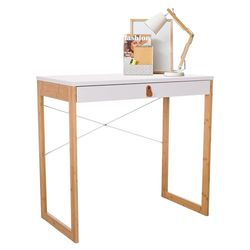 hjh LIVING Bureau avec 1 tiroir 80x42 cm TAROLO II piétement Bambou, Petite Table de Style scandinave, Table d'ordinateur Blanc