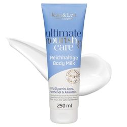 Jean & Len Ultimate Nourish & Care Body Milk, pour peau très sèche, hydrate la peau pendant 48h, avec vitamine E, lotion corporelle riche, sans parabènes & silicones, végétalien, 250 ml