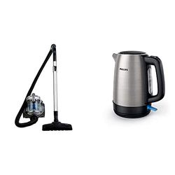 Amazon Basics Aspirateur cylindrique sans sac, 1,5L, 700 W [classe énergétique A] & Philips HD9350 / 90 bouilloire (2200 watts, 1,7 litres, en acier inoxydable)