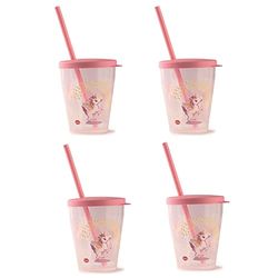 Snips, 4 Gobelet Plastique avec Paille et Couvercle, Verre Plastique Reutilisable pour Enfants, Décor Licorne, 385 ml, Made in Italy
