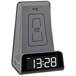 TFA Dostmann ICONCharge 60.2033.10 - Estación de carga inductiva 2 en 1 para smartphones, carga inalámbrica, con función despertador, función de carga USB, soporte para llamadas de vídeo, números LED,