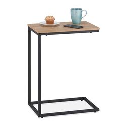 Relaxdays Stolik pomocniczy w kształcie litery C, wys. x szer. x gł.: 60 x 30 x 45 cm, stolik do przesuwania, metal i drewno, czarny/brązowy