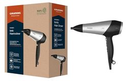GRUNDIG HD 6080 L Asciugacapelli 2200 W, asciugacapelli, funzione ionica, 3 livelli di temperatura e 2 flussi d'aria, livello freddo, rivestimento in ceramica, cavo da 1,8 m, nero/argento
