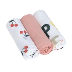 Casual Baby Muslinduk dregellock skötfilt set om 3 bomull 80 x 80 cm/Heavenly Soft Swaddle L Happy Fruits Cherry