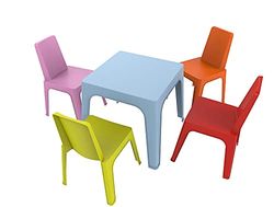 Julieta Set infantil para interior, exterior, jardim, 1 mesa azul 4 cadeiras vermelha/rosa/laranja/lima