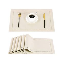 Lot de 6 Sets de Table, lavables et antidérapants, en Tissu Imitation Lin de Style Rustique (Beige et Blanc) 48,3 x 33 cm