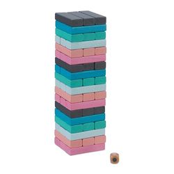 Relaxdays Juego Torre de Madera, 54 Bloques para Apilar con Dado, Diseño de 6 Colores, 26,5 x 7,5 x 7,5 cm, Multicolor