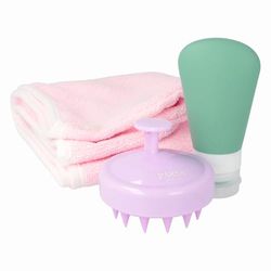 PARSA Beauty Hair Travel Lot de 3 accessoires de voyage avec turban pour cheveux, brosse à shampoing et flacon de voyage – En microfibre, design ergonomique, compact, léger, absorbant, adapté aux