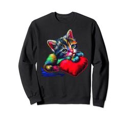 Linda almohada de corazón con diseño de gato arcoíris para mujeres, niñas, hombres y niños Sudadera
