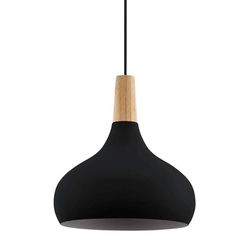 Eglo lampada a sospensione Sabinar, lampada sospesa per soggiorno e sala da pranzo, FSC100HB, illuminazione da sala da pranzo in metallo nero e legno naturale, E27, Ø 28 cm