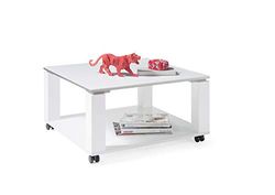 Stella Trading ROMY MOBIL Moderne salontafel op wieltjes wit hoogglans - mobiele salontafel met twee niveaus voor uw woonkamer - 76 x 41 x 76 cm (B x H x D)