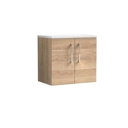nuie ARN3023LSW Arno Modern Bathroom Wall Hung 2 Soft Close Door Vanity Unit and Sparkling White Laminate Worktop, 600mm, Bleached Oak Woodgrain