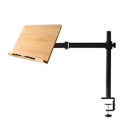 Bamboe boekenstandaard in hoogte verstelbaar met klem, wishacc tafelzijde kookboeksteun - Desktop leeshouder met stevige paginaclips 11 x 8,1 inch