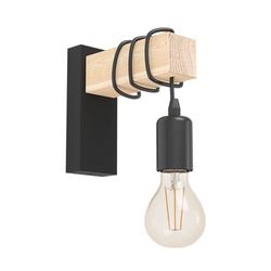 Eglo Lampada da parete Townshend, plafoniera vintage a uno punto luce, lampada da parete dal design industrial, lampada retrò in acciaio e legno, nero, marrone, E27, certificazione FSC