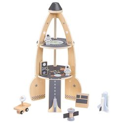 mamabrum Cohete Espacial Madera XXL con Accesorios - Juguete Educativo Tipo Lego Espacio para Niños 3+ años - Set de 2 Astronautas, Naves y Satélites - 52cm Alto