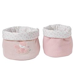 Nattou Cestas de almacenaje de algodón y poliéster, Set de 2, Ø 20 cm + Ø 15 cm, Alice y Pomme, Rosa/Blanco