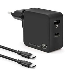BLUESTORK Chargeur Rapide 65W Gan Tech 2 Ports USB C/USB + Cable de Charge Rapide 1,8m, Prise EU/US, Compatible MacBook Pro, USB C Laptops, iPad, iPhone, Samsung Galaxy, Huawei, Switch (Noir)