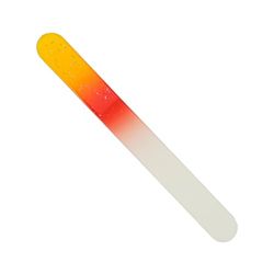 Glasfil – dubbelsidig, gul/röd med glitter, rund på båda sidor, längd: 9 cm
