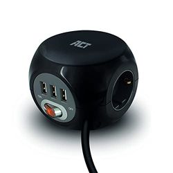 ACT uttagskub med USB, Powercube 3 USB-kontakt (2,4 A) med strömbrytare, 3 fack uttag, inkl. självhäftande dyna för kök, kontor, vardagsrum, kabellängd 1,5 m, färg svart – AC2400