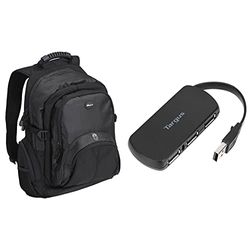 Targus Travel Laptop backpack, Lightweight 20L Work plus school Bag, Commuters rucksack, Black (CN600) & 4-Port USB Desktop Hub, Black (ACH114EU)