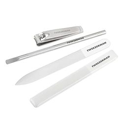 Tweezerman 4pce Glass Manicure Set - Professional Nail Kit for The Perfect Nails Includes Glass Nail File & Buffer, Nail Clippers, Pusher, Suitable for Women, Men & Teenagers