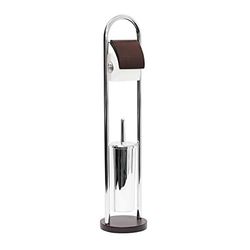 Relaxdays 10020130 Ensemble support brosse WC et rouleau papier toilette acier chromé et bois Dimensions H x l x P 80 x 18 x 18 cm, argenté et marron foncé, 82 x 19,5 x 12,5 cm
