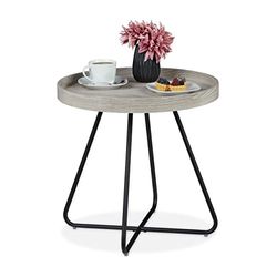 Relaxdays Bijzettafel, ronde opbergtafel, H x D: 45,5 x 46,5 cm, houtlook & staal, salontafel woonkamer, grijs/zwart