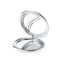 eBuyGB Silver Metallic Compact Makeup Mirror, Small 1X/2X Magnifying Round Double Sided Pocket Mirror, Portable Folding Mirror for Travel, Birthday