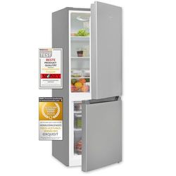 Exquisit® Frigorífico Combi, 175L, Clase E, Color Plateado, Cajón Verdulero, Estantes de Cristal, Altura Regulable, Tiradores Integrados, Luz LED, Consumo 195 kWh/año, Medidas 143,5x49x56,5 Cm.