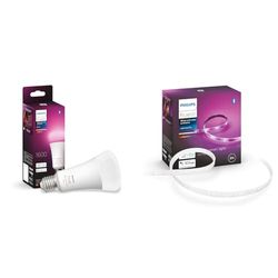 Philips Hue White and Color Ambiance Lampadina Smart LED, Attacco E27, Luce Bianca o Colorata, 11W & White and Color Ambiance Lightstrip, Kit base Striscia LED Smart da 2m, Bluetooh