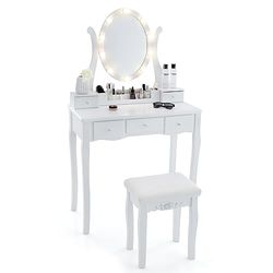 COSTWAY Sminkbord med LED-belysning, 3 färger med justerbar ljusstyrka, toalettbord med pall, vridbar spegel, 5 lådor och förvaringsgaller, sminkbord, vitt