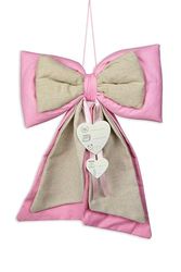 Cocarde Naissance avec rubans de satin parchemin et application de queues, Tissu Coton Rose et Lin
