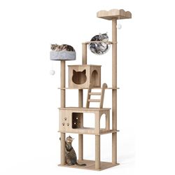 Mondeer Arbre à Chat en Bois, 2 Maisons et 7 Plateformes pour Les Chats Geants, avec Coussins en Peluche Amovibles et Cabine Spatiale Transparente, Style Moderne, 82 × 70 × 185 CM