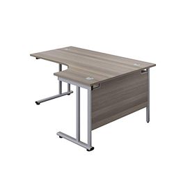 Office Hippo Heavy Duty Office Desk, Right Corner Desk, Strong & Reliable Office Table With Integrated Cable Ports & Twin Uprights, PC Desk For Office or Home - Grey Oak Top/Silver Frame